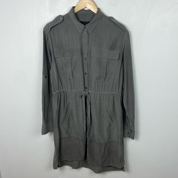 AllSaints Millie Shirt Dress Grey Modal Size Medium Military Style Long Sleeves - Picture 13 of 14